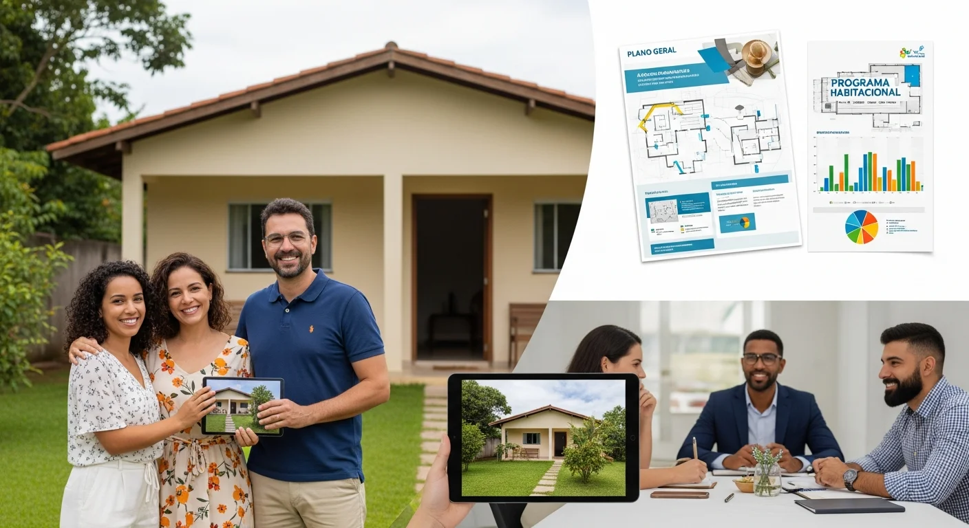 Família feliz em frente à casa simples com documentos e tablet, relevo das regras do Minha Casa Minha Vida em 2026
