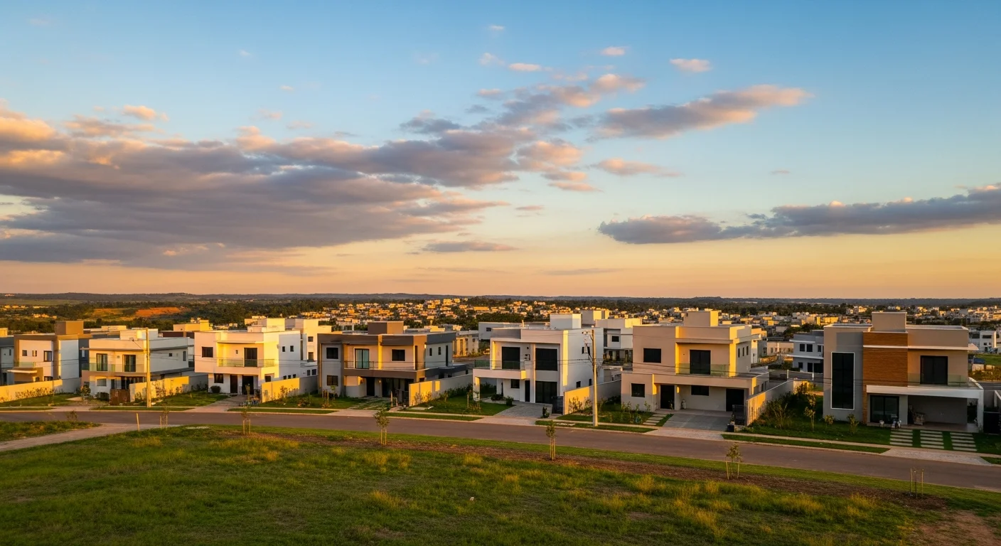 Imagem de uma rua residencial com casas novas e infraestrutura moderna, destacando o rascunho automático.