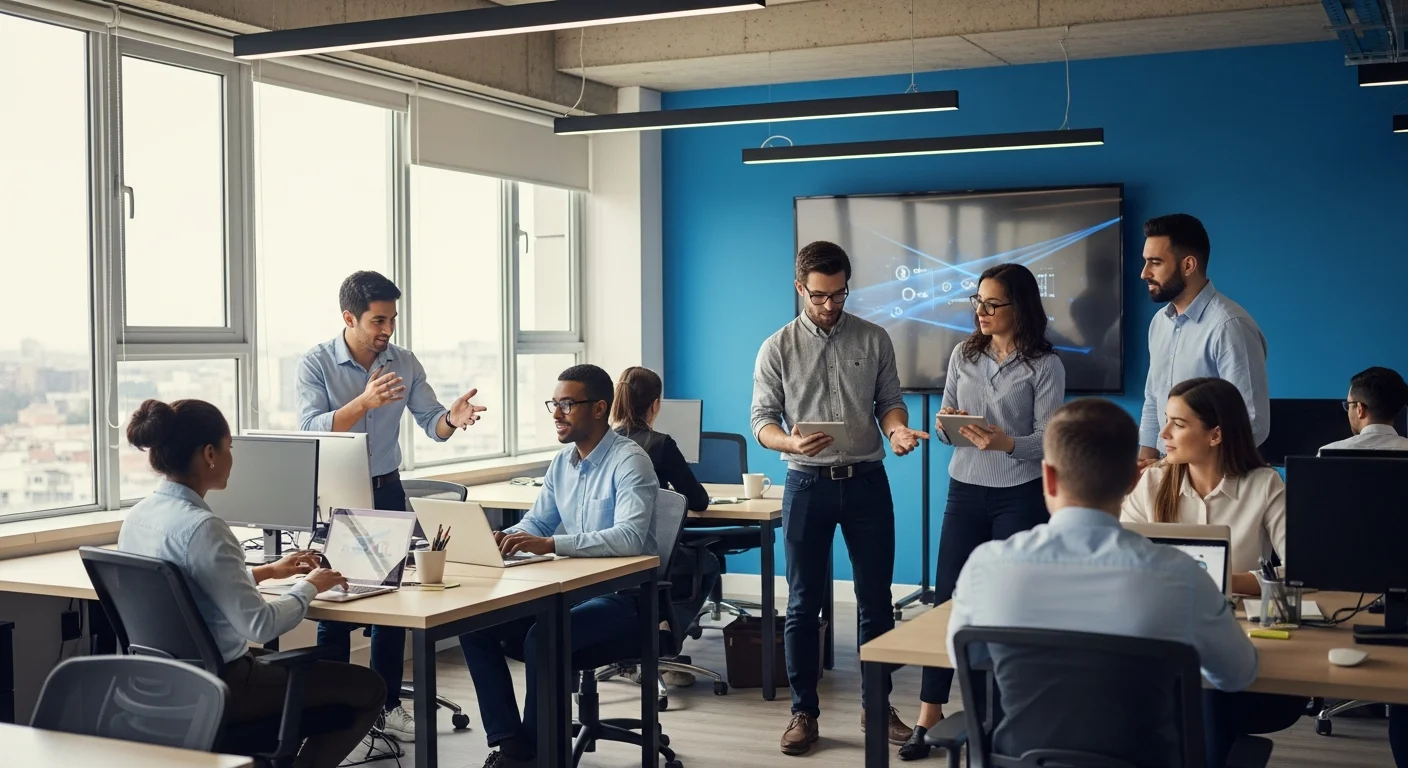 Equipe de profissionais colaborando com dispositivos digitais em escritório moderno, evidenciando plataformas benefícios corporativos guia