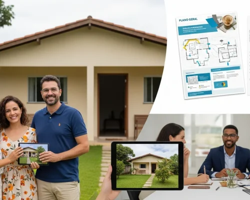 Família feliz em frente à casa simples com documentos e tablet, relevo das regras do Minha Casa Minha Vida em 2026