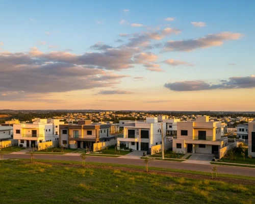 Imagem de uma rua residencial com casas novas e infraestrutura moderna, destacando o rascunho automático.
