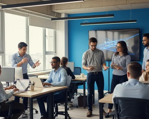 Equipe de profissionais colaborando com dispositivos digitais em escritório moderno, evidenciando plataformas benefícios corporativos guia